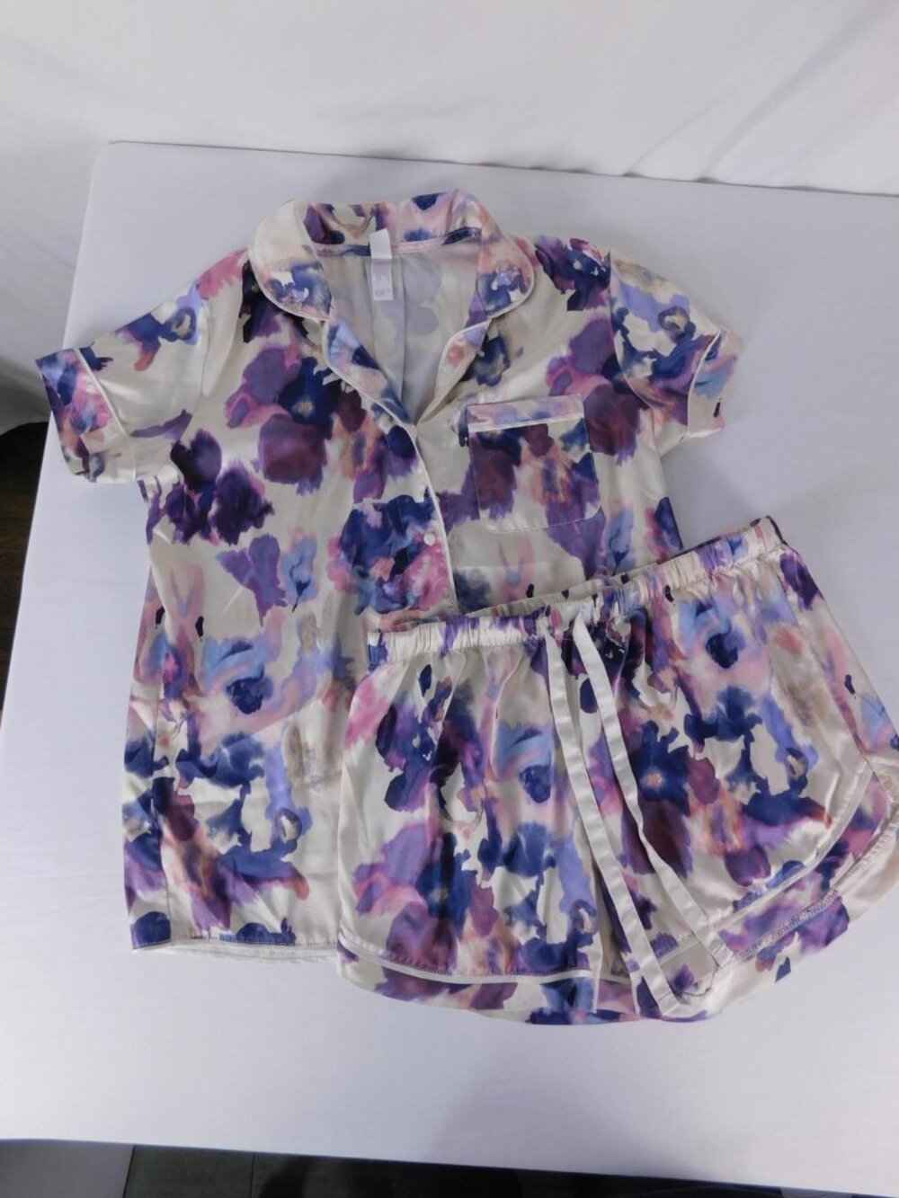 Pajama Set Womens S Multicolor Floral Satin Short Sleeve Button Front Lounge